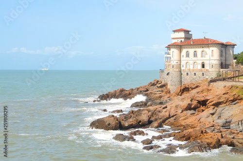 Boccale castle, famous landmark on cliff rock and sea in autumn. Livorno, Italy.