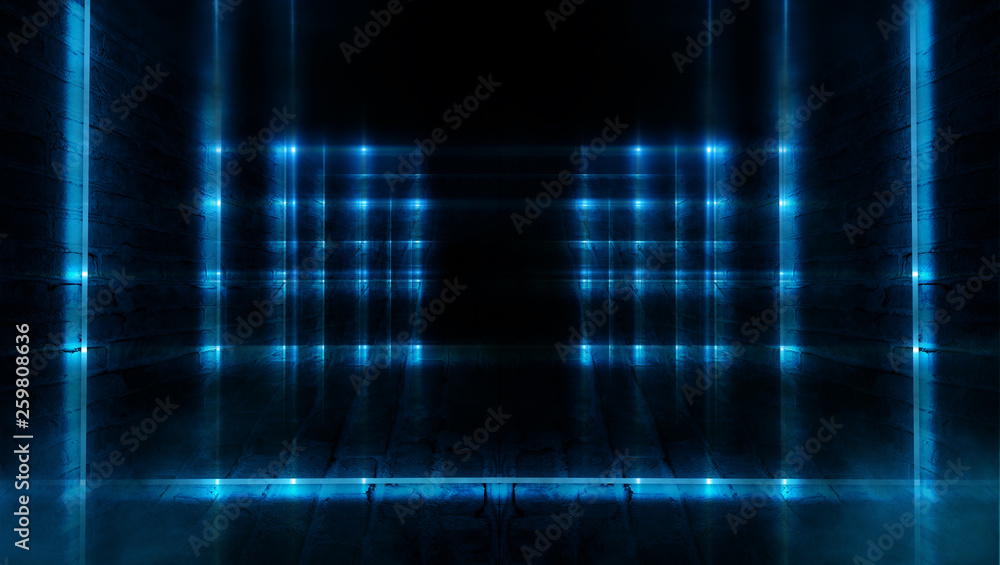 Dark tunnel with neon lights, lines, spotlights. Abste dark background with neon. Dark tunnel with neon lights, lines, spotlights. Abste dark background with neon.