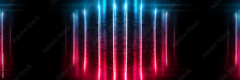 Dark tunnel with neon lights, lines, spotlights. Abste dark background with neon.