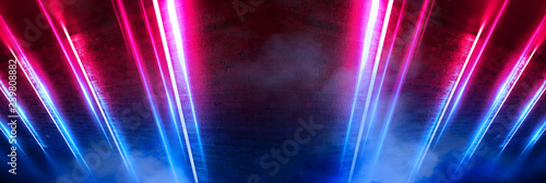 Dark tunnel with neon lights, lines, spotlights. Abste dark background with neon.