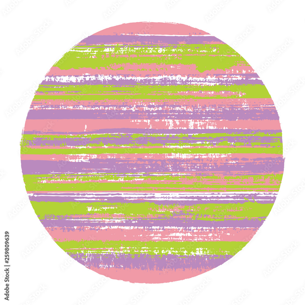 Rough circle vector geometric shape with striped texture of paint horizontal lines. Disk banner with old paint texture. Emblem round shape logotype circle with grunge background of stripes.