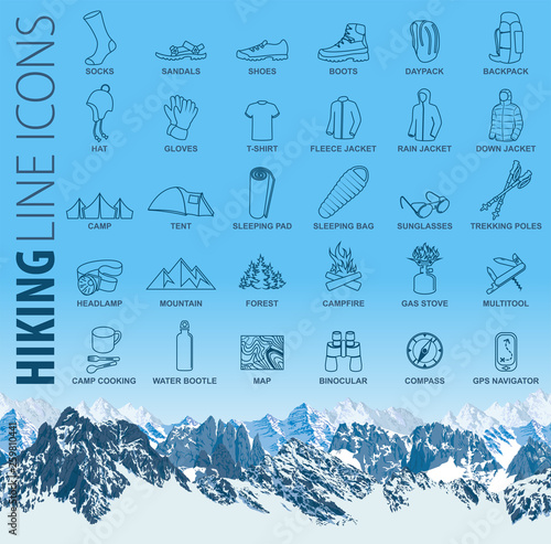 vector set of thin line hiking camping travel Icons with seamless mountains panorama