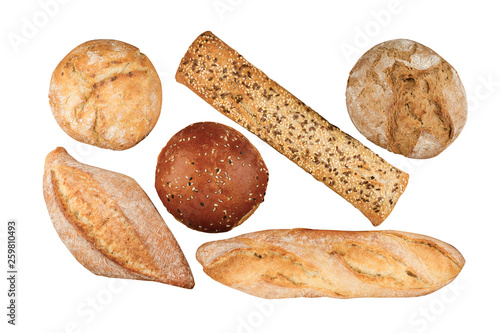 different types of bread on isolated on white