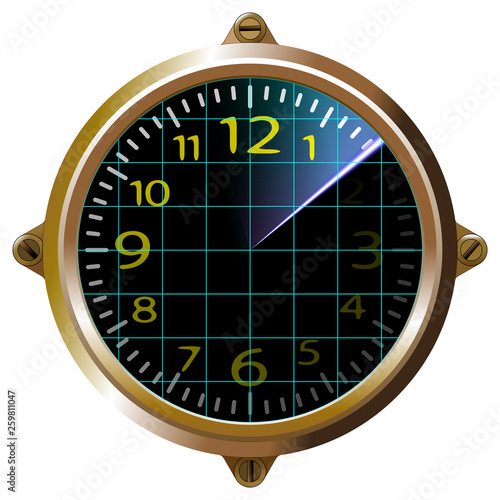 Futuristic clock yellow apparatus radar. Gauge dashboard touch user interface. Screen device and appliance, unit, isolated. Vector illustration Eps 10