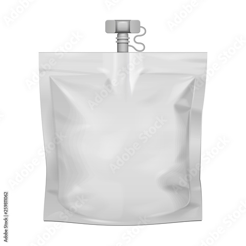 Mockup Pouch Sachet Bag With Spout Lid. Blank Food Stand Up Flexible. Mock Up, Template. Illustration Isolated On White Background. Ready For Your Design. Product Packaging. Vector EPS10