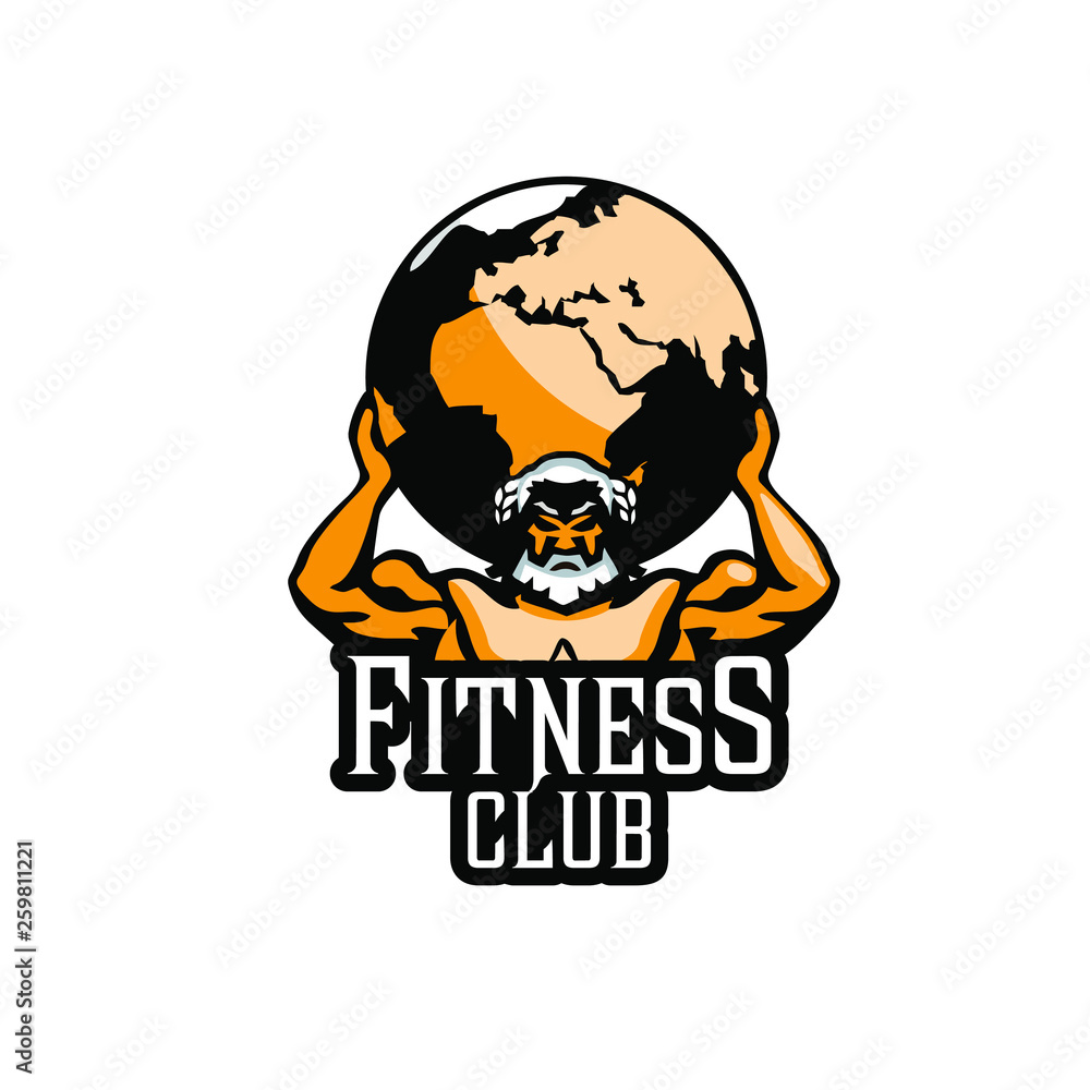 Atlas sign. Mighty Titan, holding on his shoulders the vault of heaven. Bodybuilding fitness logo Atlas sign. Mighty Titan, holding on his shoulders the vault of heaven. Bodybuilding fitness logo