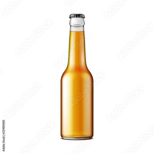 Glass Beer Lemonade Cola Clean Bottle Yellow Brown. Carbonated Soft Drink. Mock Up Template. Illustration Isolated On White Background. Ready For Your Design. Product Packaging. Vector EPS10
