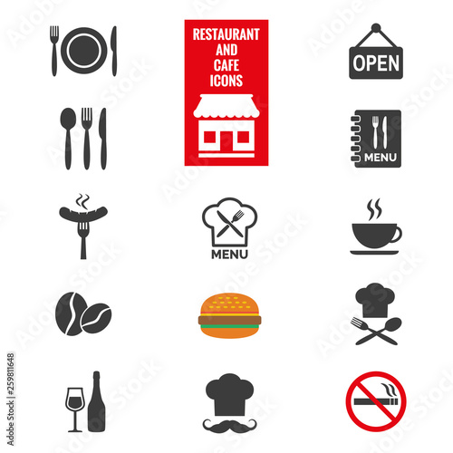 Restaurant and cafe icons set on white background.