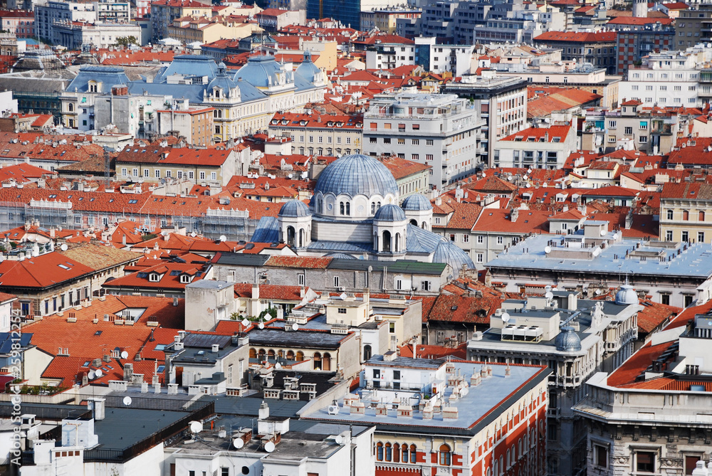 Aerial view of Trieste focused on the dome of Saint Spyridon church, Italy