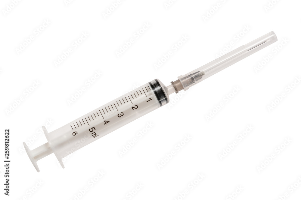 Syringe with needle in shell. 6 ml disposable syringe close up, isolated on white background Syringe with needle in shell. 6 ml disposable syringe close up, isolated on white background