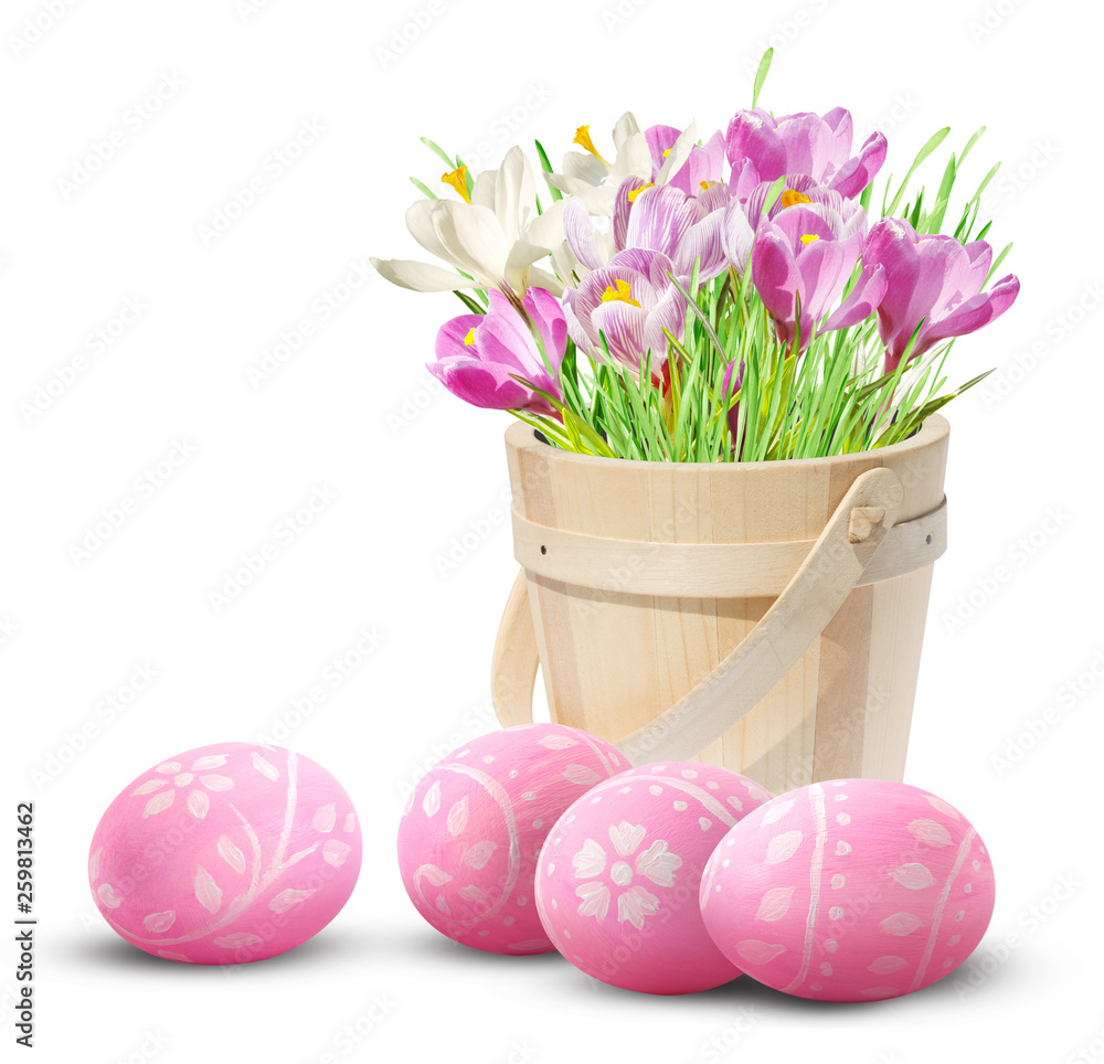 Easter decoration with pink crocuses and eggs