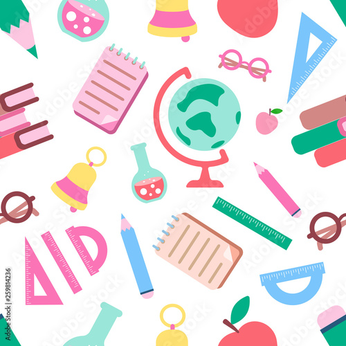 School seamless pattern on white. Education theme background in modern flat style with bright shiny elements.