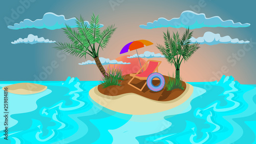 Illustration of finding a resting place in nature,a beach front seat that is placed on the island,waiting for people to sit and relax as time passess
