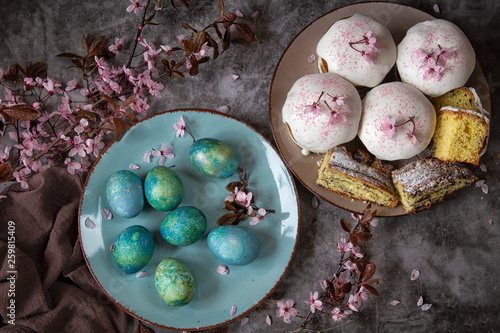 Easter bread and eggs with flowering twigs .Spring theme	