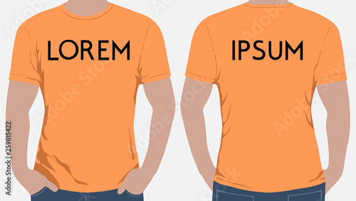 Vector. Male model standing in a T-shirt put his hands in his jeans pocket. Front and back view. Layers good separated.