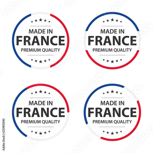 Set of four French icons, Made in France, premium quality stickers and symbols with stars, simple vector illustration isolated on white background