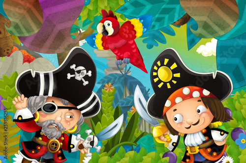 cartoon scene with pirates fighting in the jungle - duel - illustration for children