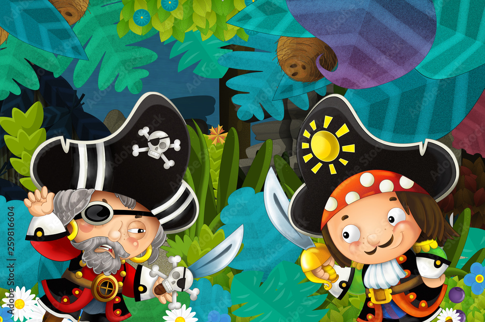 Naklejka premium cartoon scene with pirates fighting in the jungle - duel - illustration for children