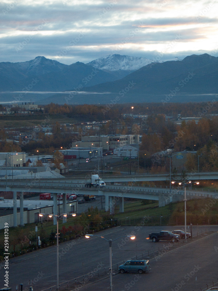 traffic in the city at night, anchorage, alaska