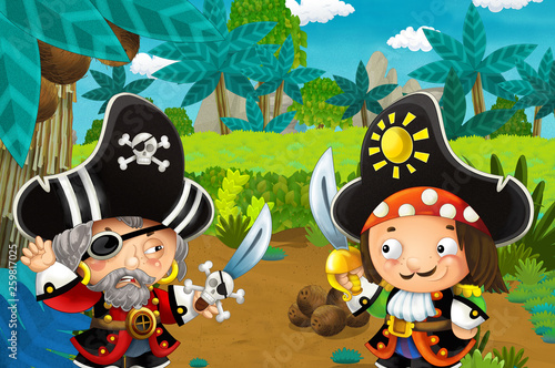 cartoon scene with pirates fighting in the jungle - duel - illustration for children