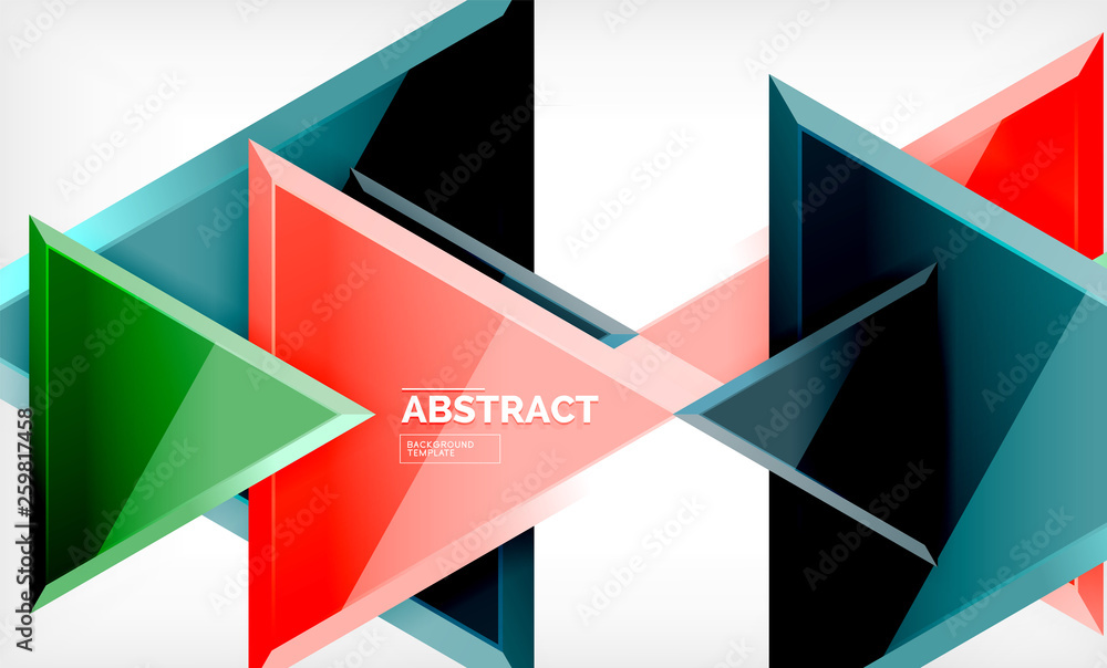 Triangles repetiton geometric abstract background, multicolored glossy triangular shapes, hi-tech poster cover design or web presentation template with copy space Triangles repetiton geometric abstract background, multicolored glossy triangular shapes, hi-tech poster cover design or web presentation template with copy space
