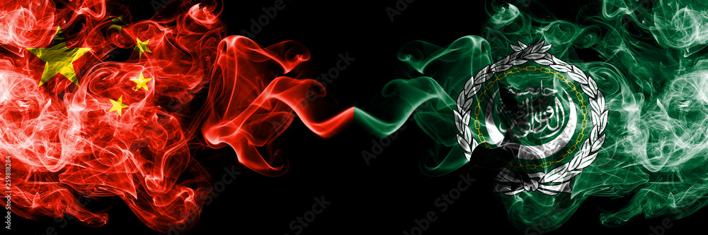 China vs Arab League smoke flags placed side by side. Thick colored silky smoke flags of Chinese and Arab League China vs Arab League smoke flags placed side by side. Thick colored silky smoke flags of Chinese and Arab League