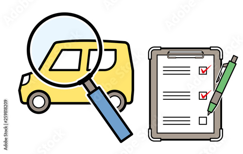軽自動車の査定イメージのイラスト（軽自動車と虫眼鏡とチェックリスト）