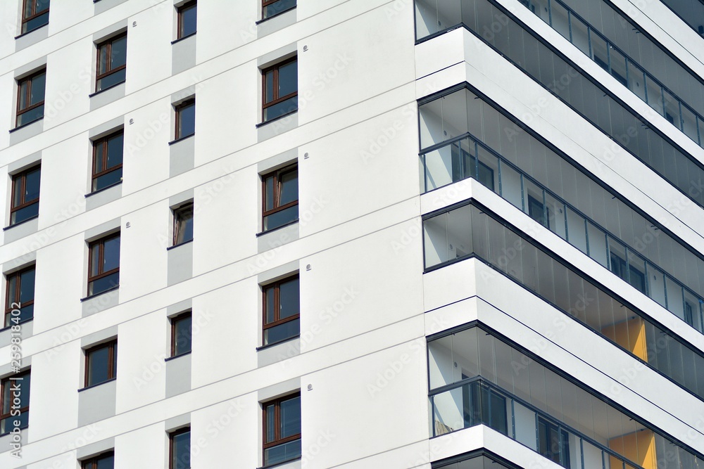 Modern european complex of apartment buildings. Fragment of a modern residential apartment building.