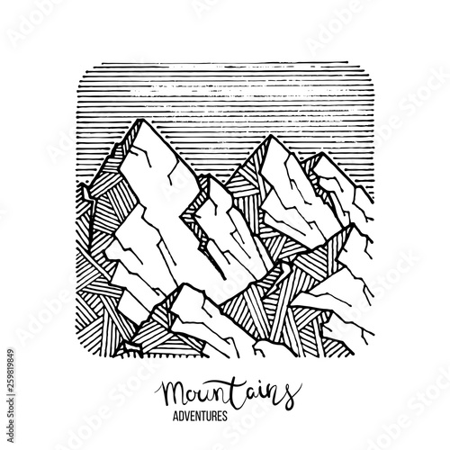 Hand drawn image of a mountain peak, engraving style, grunge textured