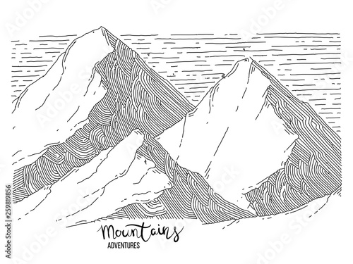 Hand drawn image of a mountain peak, engraving style, grunge textured