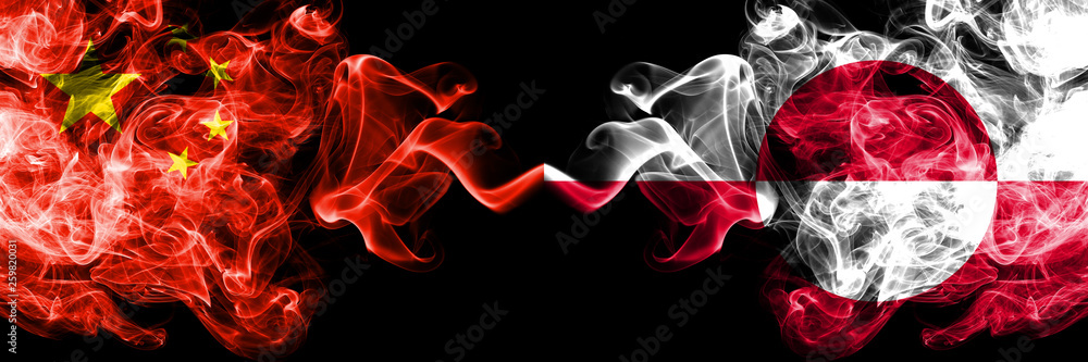 China vs Greenland smoke flags placed side by side. Thick colored silky smoke flags of Chinese and Greenland China vs Greenland smoke flags placed side by side. Thick colored silky smoke flags of Chinese and Greenland