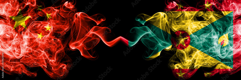 China vs Grenada smoke flags placed side by side. Thick colored silky smoke flags of Chinese and Grenada China vs Grenada smoke flags placed side by side. Thick colored silky smoke flags of Chinese and Grenada