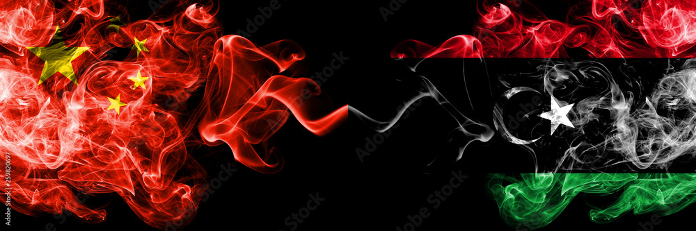 China vs Libya, Libyan smoke flags placed side by side. Thick colored silky smoke flags of Chinese and Libya, Libyan China vs Libya, Libyan smoke flags placed side by side. Thick colored silky smoke flags of Chinese and Libya, Libyan
