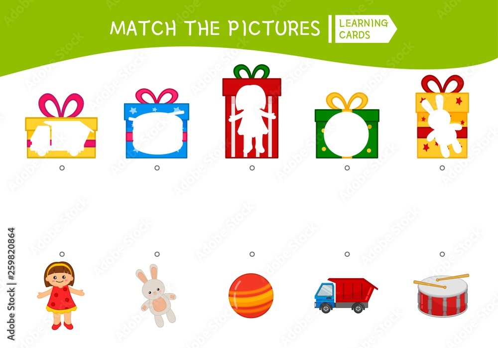 Matching children educational game. Match of gifts. Activity for pre sсhool years kids and toddlers.