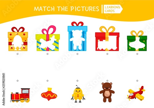 Matching children educational game. Match of gifts. Activity for pre sсhool years kids and toddlers.