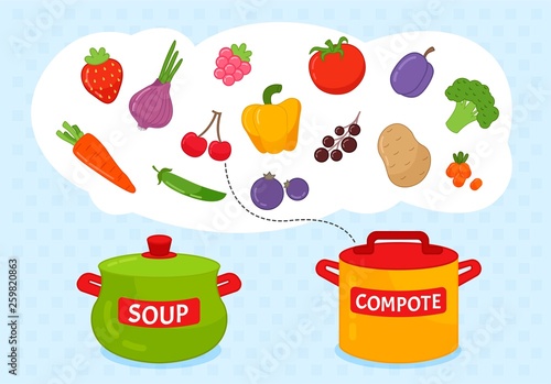 Matching children educational game. Match of pans and fruits/vegetables. Activity for pre sсhool years kids and toddlers.