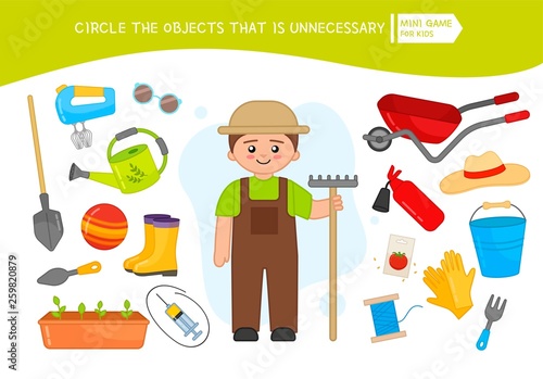Educational game for children. Cartoon gardener. Circle the objects that is unnecessary.