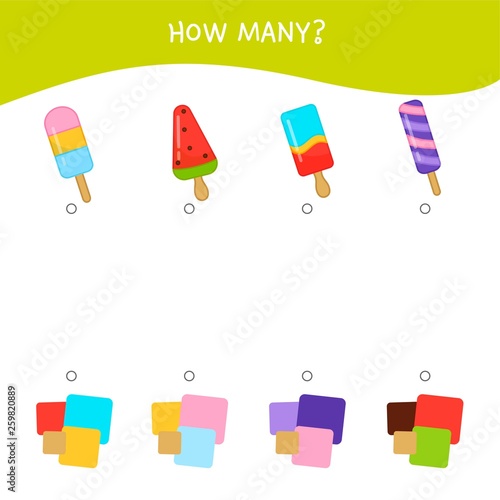 Matching children educational game. Match of ice creams ans colors. Activity for pre sсhool years kids and toddlers.