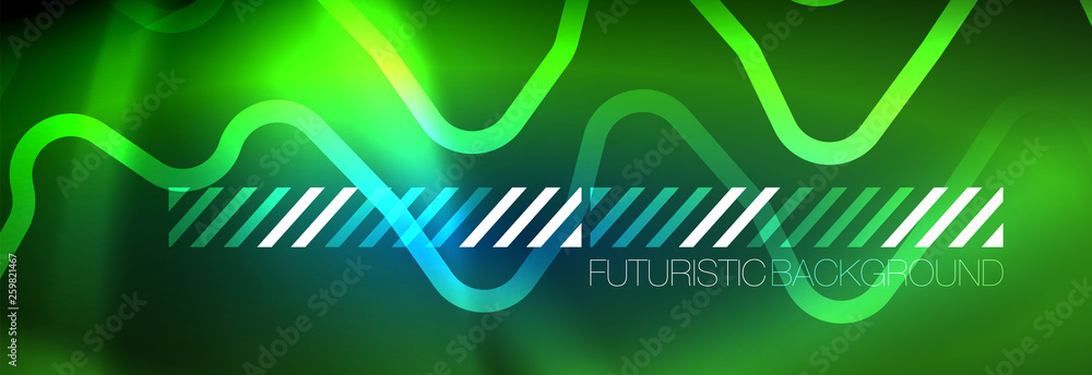 Neon glowing techno lines, hi-tech futuristic abstract background template with square shapes Neon glowing techno lines, hi-tech futuristic abstract background template with square shapes