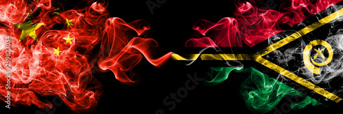 China vs Vanuatu smoke flags placed side by side. Thick colored silky smoke flags of Chinese and Vanuatu