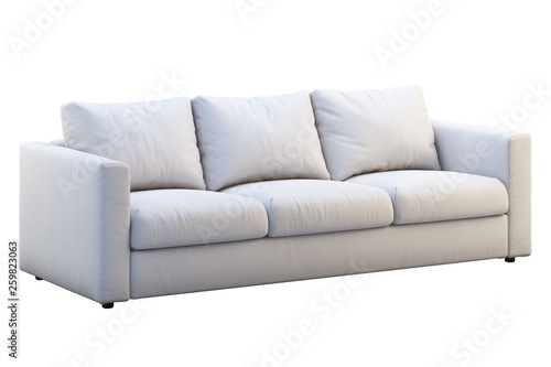 Modern beige fabric sofa with colored pillows. 3d render