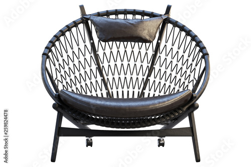 Black round wooden chair with leather seat. 3d render