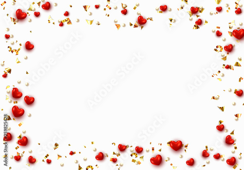Background with red hearts and round beads strewn with golden confetti.
