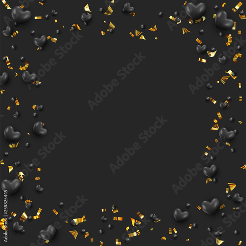 Background with black hearts and round beads strewn with golden confetti.
