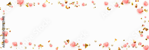 Background with pink hearts and round beads strewn with golden confetti.