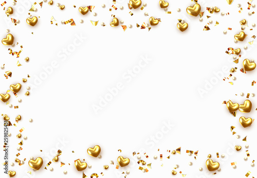Background with gold hearts and round beads strewn with golden confetti.