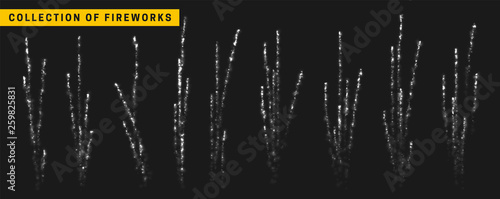 Vector white light effect. Set festive fireworks isolated on black background