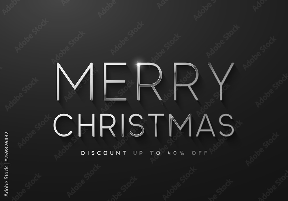 Merry Christmas sale banner, poster, logo silver color on black background.