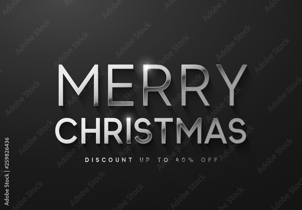 Merry Christmas sale banner, poster, logo silver color on black background.