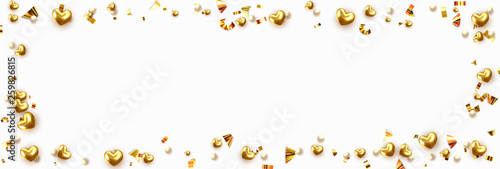 Background with gold hearts and round beads strewn with golden confetti.